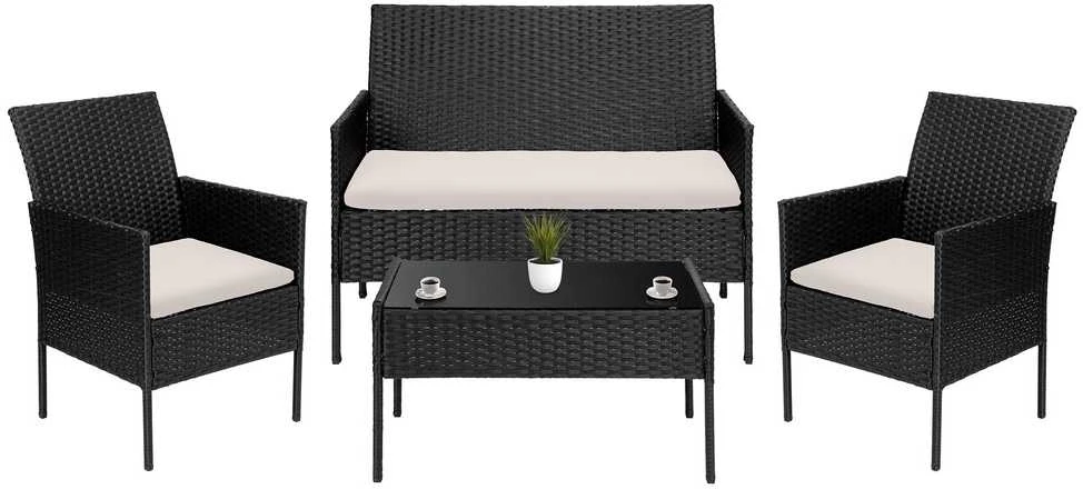Lauko baldų komplektas Technoratano sodo baldų komplektas, juodas ir smėlio, su pagalvėlėmis, dviguba sofa, foteliai ir stalas, lauko valgomojo komplektas, terasos baldai