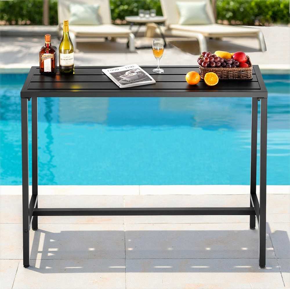 Lauko baro stalas, 120 x 37.5 cm, vandeniui atsparus stalviršis ir tvirtas metalinis rėmas, stačiakampis baro aukščio stalas, balkonui, kiemui, kubilui, prie baseino, vidaus erdvėms, terasos baldai