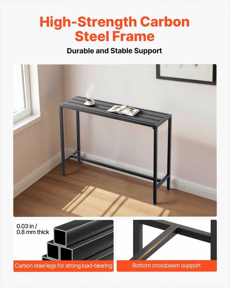 Lauko baro stalas, 120 x 37.5 cm, vandeniui atsparus stalviršis ir tvirtas metalinis rėmas, stačiakampis baro aukščio stalas, balkonui, kiemui, kubilui, prie baseino, vidaus erdvėms, terasos baldai