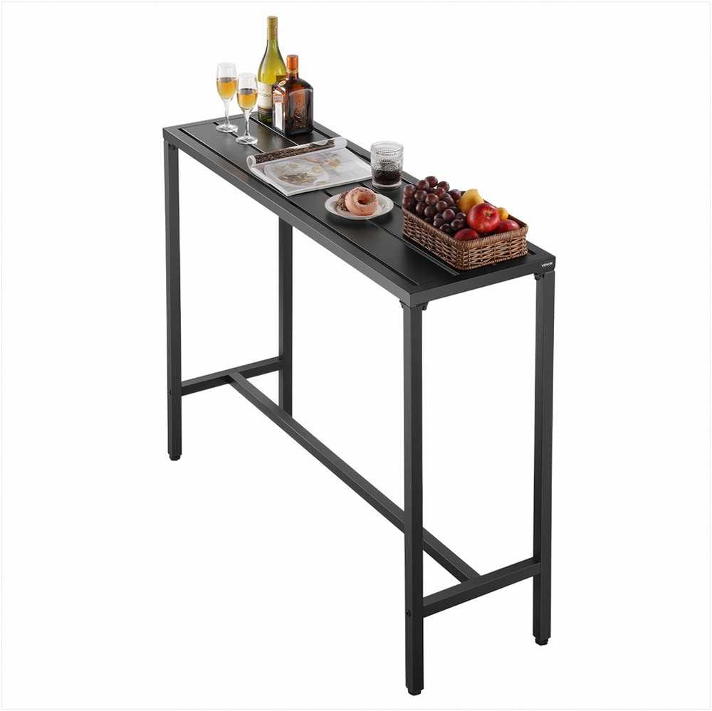 Lauko baro stalas, 120 x 37.5 cm, vandeniui atsparus stalviršis ir tvirtas metalinis rėmas, stačiakampis baro aukščio stalas, balkonui, kiemui, kubilui, prie baseino, vidaus erdvėms, terasos baldai