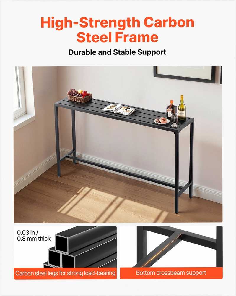 Lauko baro stalas, vandeniui atsparus stalviršis ir tvirtas metalinis rėmas, 160 x 37.5 cm, balkonui, kiemui, zonai prie baseino, terasos baro stalas, aukštas valgomojo stalas