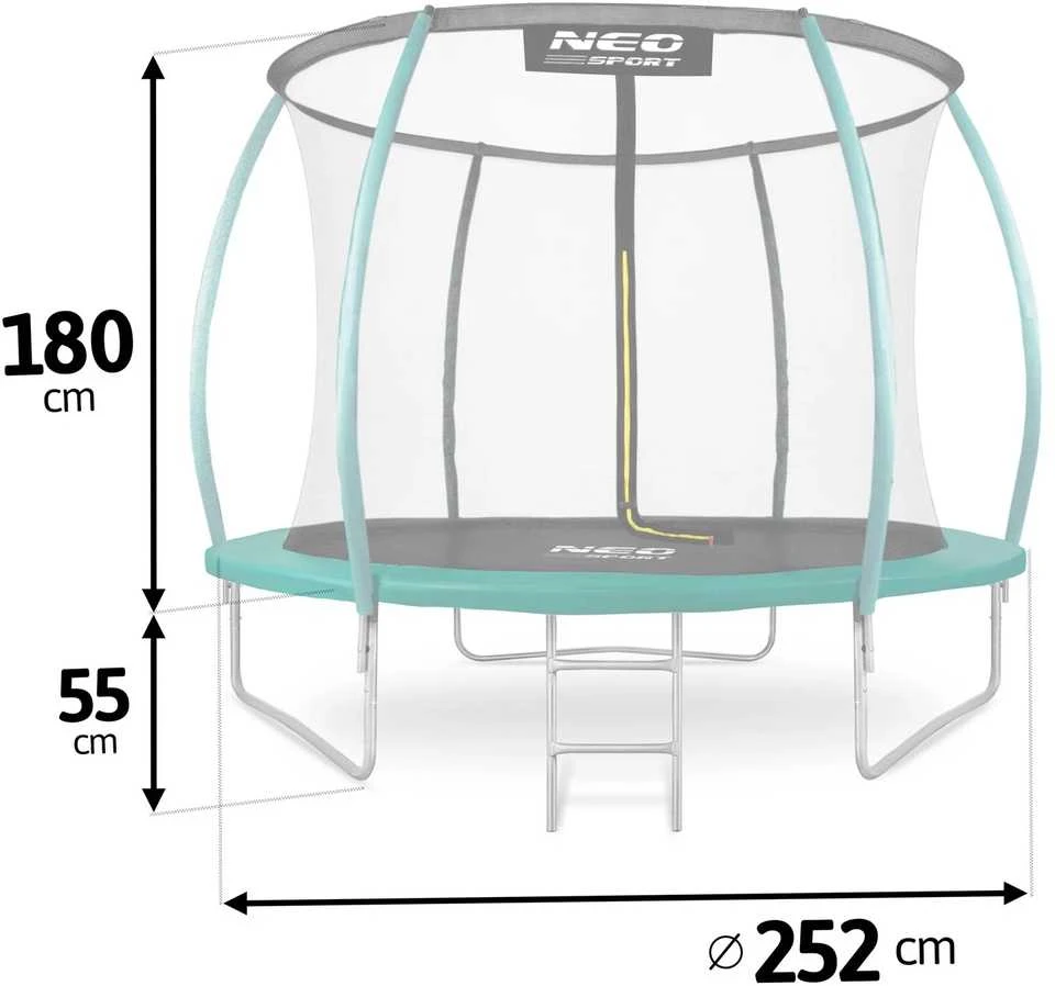 Lauko batutas 252 cm su apsauginiu tinklu ir kopėčiomis, apvalus batutas, sodo batutas vaikams, batutas kieme