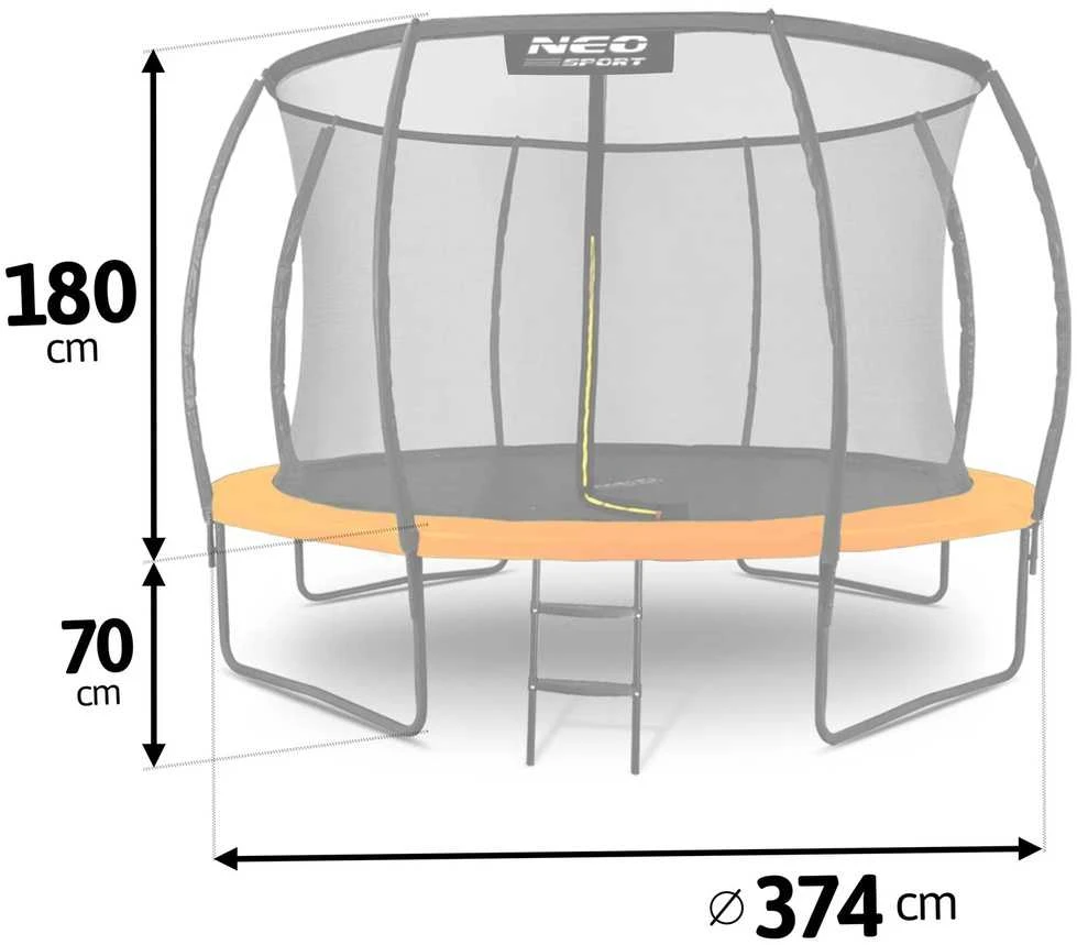 Lauko batutas 374 cm su vidiniu apsauginiu tinklu, apvalus batutas, sodo batutas, batutas šokinėjimui