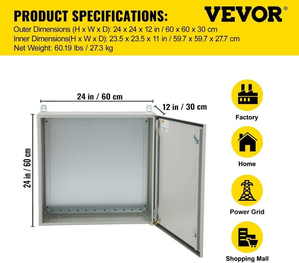 Lauko elektros dėžė, NEMA 4, hermetiška, 60x60x30 cm, metalinė, pramoninė, su vyriais, atspari vandeniui