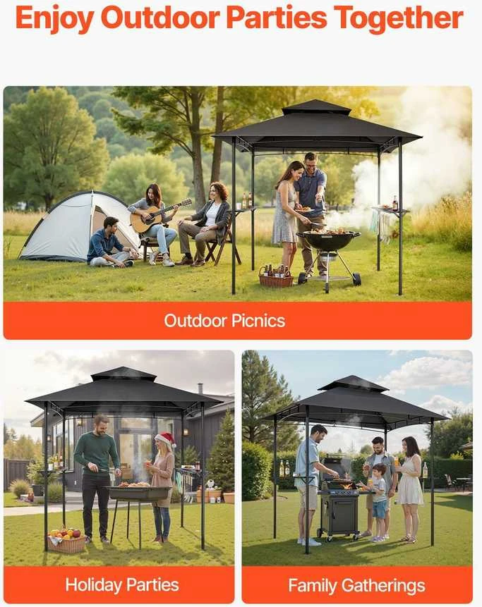 Lauko grilio pavėsinė, BBQ pastogė su šoninėmis lentynomis, 2.43 x 1.5 metro terasos grilio stogelis, sodo grilio pavėsinė kiemui, plieninė BBQ pavėsinė su kabliukais