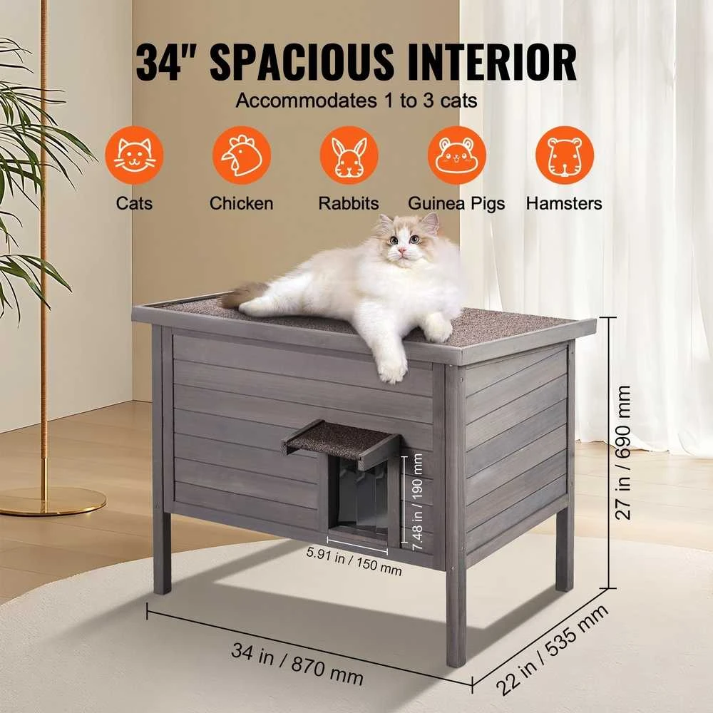 Lauko kačių namelis, medinė laukinių kačių pastogė, vandeniui atsparus kačių namelis sodui, pilka vieno sluoksnio kačių dėžės spintelė