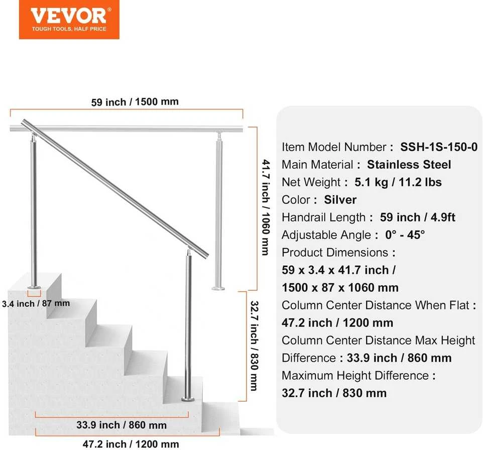 VEVOR Lauko turėklai 150 cm laiptams