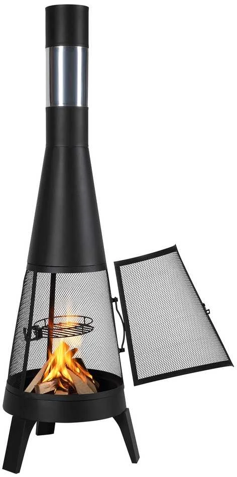 Lauko medienos deginimo krosnelė, su grotelių tinkleliu ir kamino uždangalu, 508 mm kūginė laužavietė, juodo plieno sodo židinys, nešiojamas stovyklavimo ugniakuras