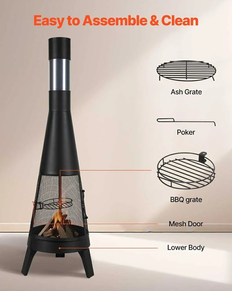Lauko medienos deginimo krosnelė, su grotelių tinkleliu ir kamino uždangalu, 508 mm kūginė laužavietė, juodo plieno sodo židinys, nešiojamas stovyklavimo ugniakuras
