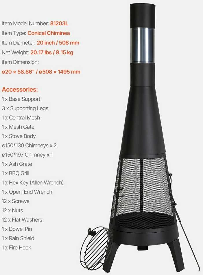 Lauko medienos deginimo krosnelė, su grotelių tinkleliu ir kamino uždangalu, 508 mm kūginė laužavietė, juodo plieno sodo židinys, nešiojamas stovyklavimo ugniakuras