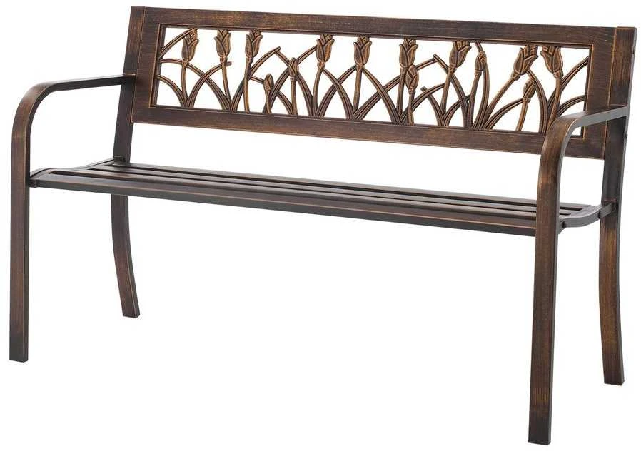 Lauko suoliukas, 127 cm, anglinio plieno rėmas, gėlių rašto atlošas, oro sąlygoms atsparus sodo suoliukas, lauko baldai, parko suoliukas