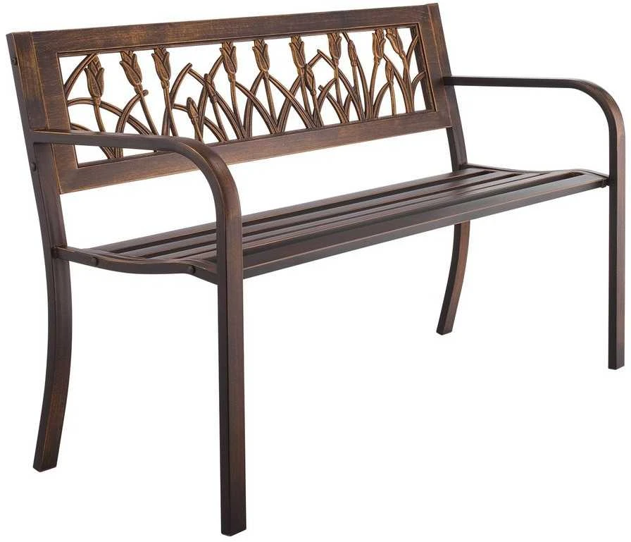 Lauko suoliukas, 127 cm, anglinio plieno rėmas, gėlių rašto atlošas, oro sąlygoms atsparus sodo suoliukas, lauko baldai, parko suoliukas