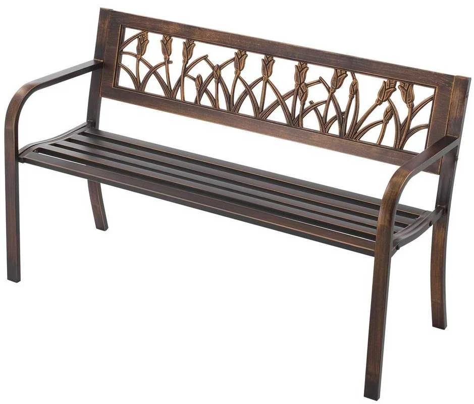 Lauko suoliukas, 127 cm, anglinio plieno rėmas, gėlių rašto atlošas, oro sąlygoms atsparus sodo suoliukas, lauko baldai, parko suoliukas