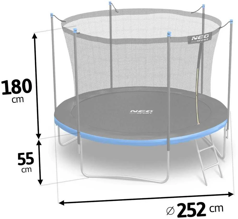 Lauko trampolinas 252 cm su vidiniu tinklu ir kopėčiomis, sodo trampolinas, apvalus trampolinas, vaikiškas trampolinas