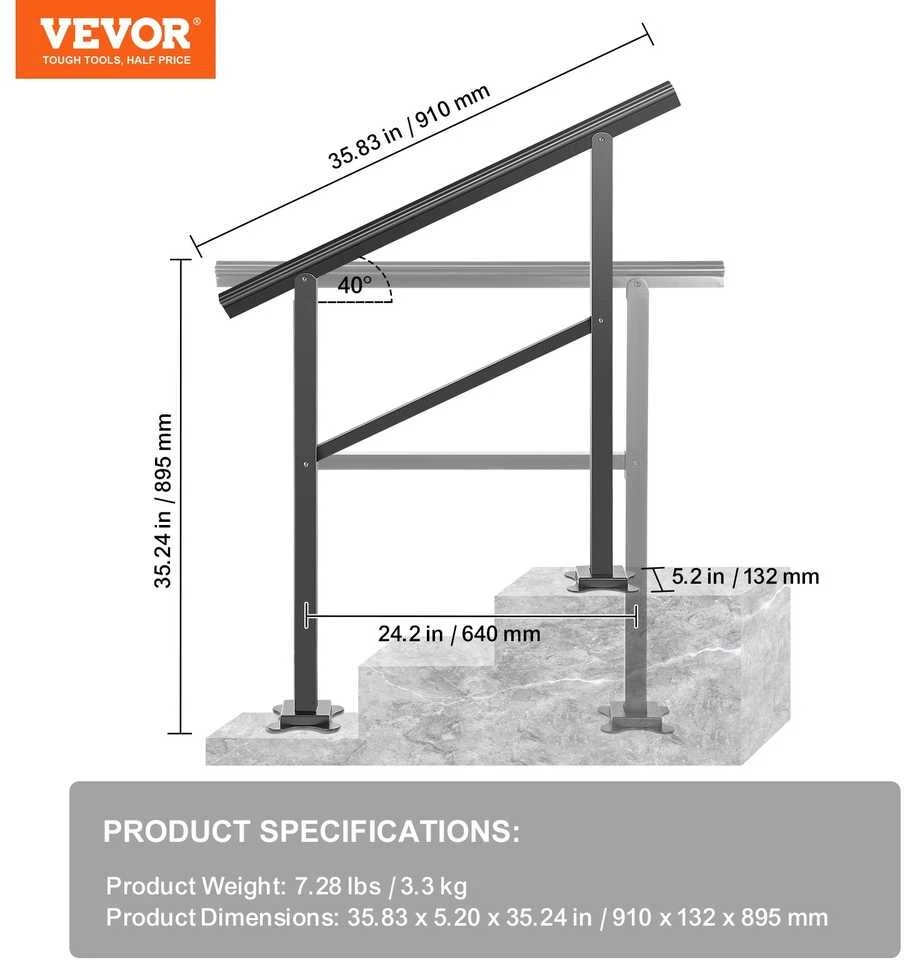 VEVOR Lauko turėklai aliuminio 91 x 89,5 cm 2-3 laipteliai