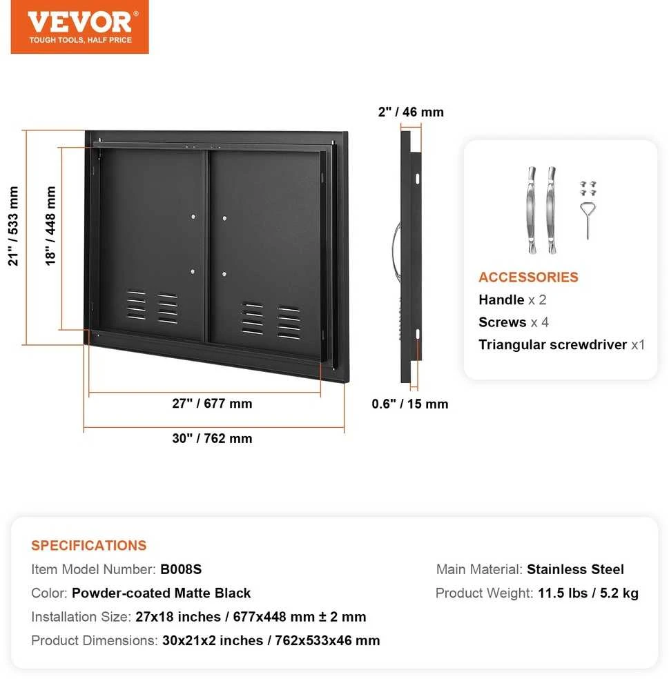 Lauko virtuvės durelės, nerūdijančio plieno, matmenys 76,2 x 53,3 x 4,6 cm