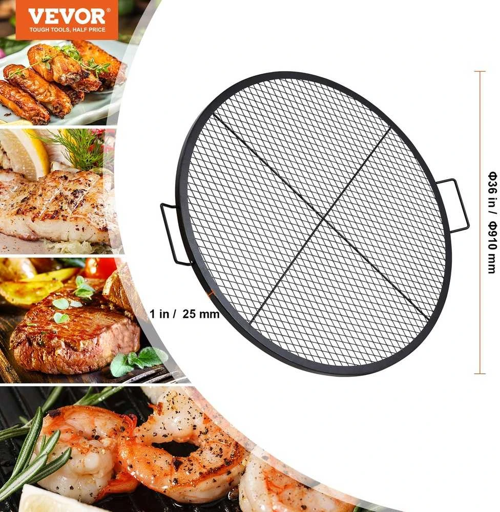 Laužavietės grotelių kepsninė, apvali kepimo grotelės, tvirto plieno laužavietės BBQ grotelės su rankena ir X tipo atrama, nešiojamas kempingo kepimo įrankis iškyloms ir susibūrimams, sto