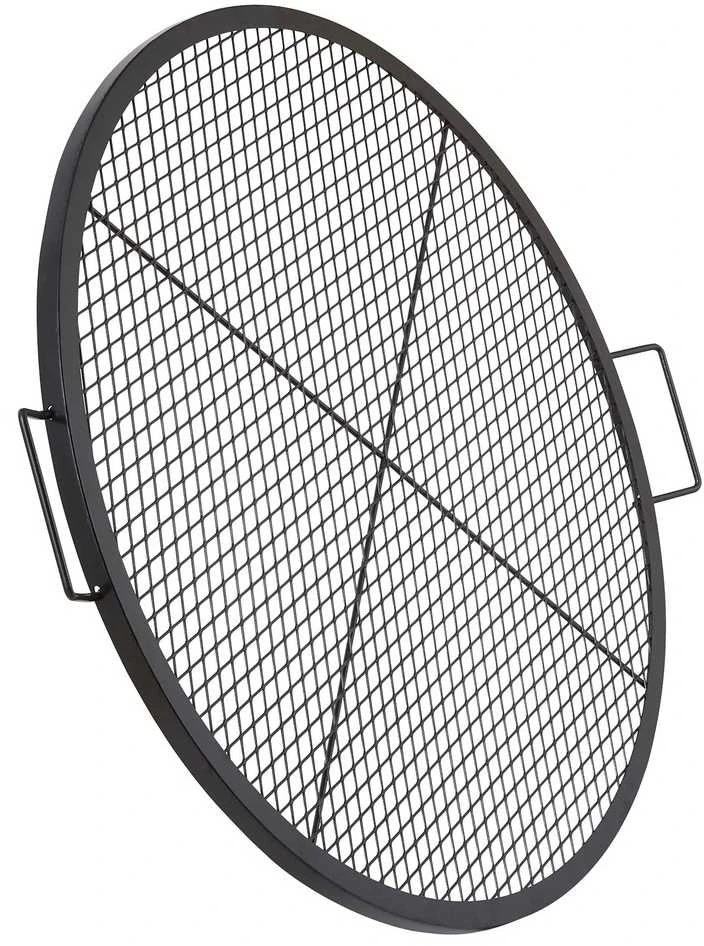 Laužavietės grotelių kepsninė, apvali kepimo grotelės, tvirto plieno laužavietės BBQ grotelės su rankena ir X tipo atrama, nešiojamas kempingo kepimo įrankis iškyloms ir susibūrimams, sto