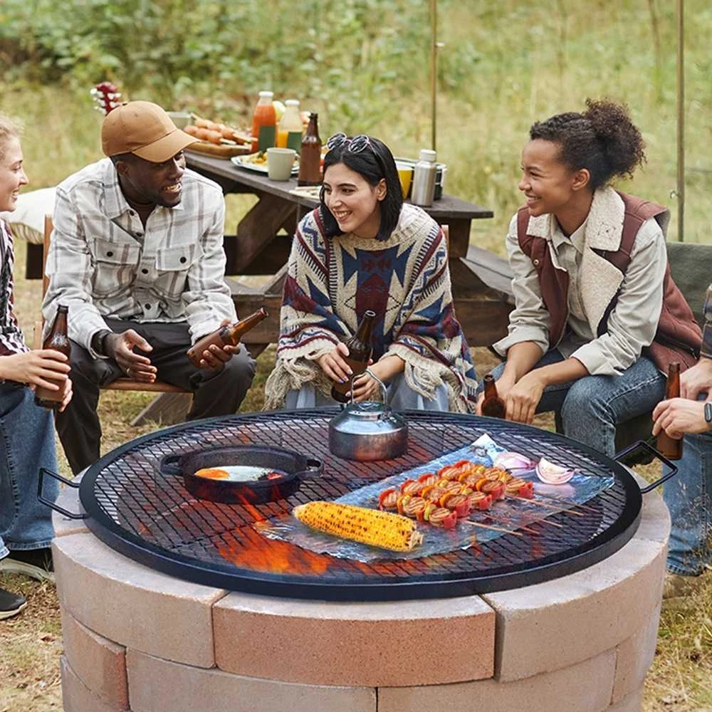 Laužavietės grotelių kepsninė, apvali kepimo grotelės, tvirto plieno laužavietės BBQ grotelės su rankena ir X tipo atrama, nešiojamas kempingo kepimo įrankis iškyloms ir susibūrimams, sto
