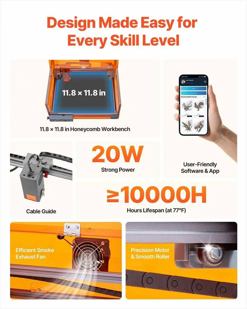 VEVOR Lazerinis graviravimo įrenginys, 20W, su gaubtu
