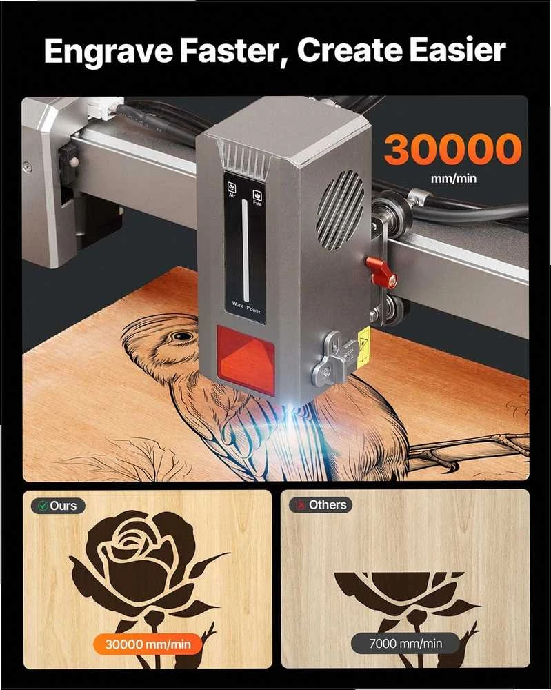 Lazerinis graviruoklis medžiui, odai, stiklui, popieriui ir metalui, 20W su korpuso kamera, 400 x 400 mm darbo plotas, 30000 mm/min greitis, lazerinio pjovimo ir graviravimo staklės