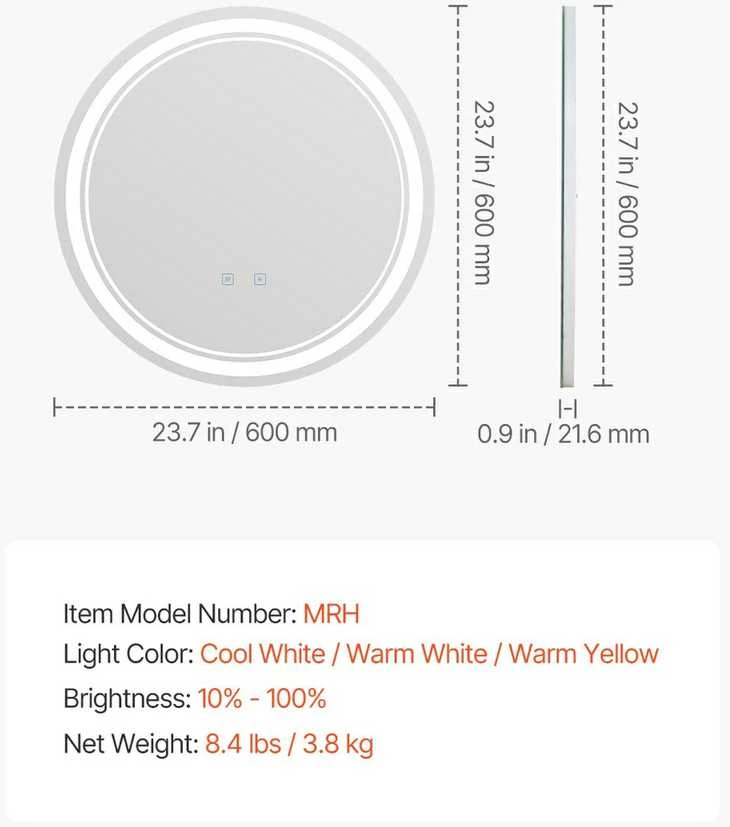 LED vonios veidrodis, 60 cm, apsauga nuo rasojimo, prie sienos tvirtinamas, apvalus kosmetinis veidrodis, spalvų reguliuojamas makiažo veidrodis