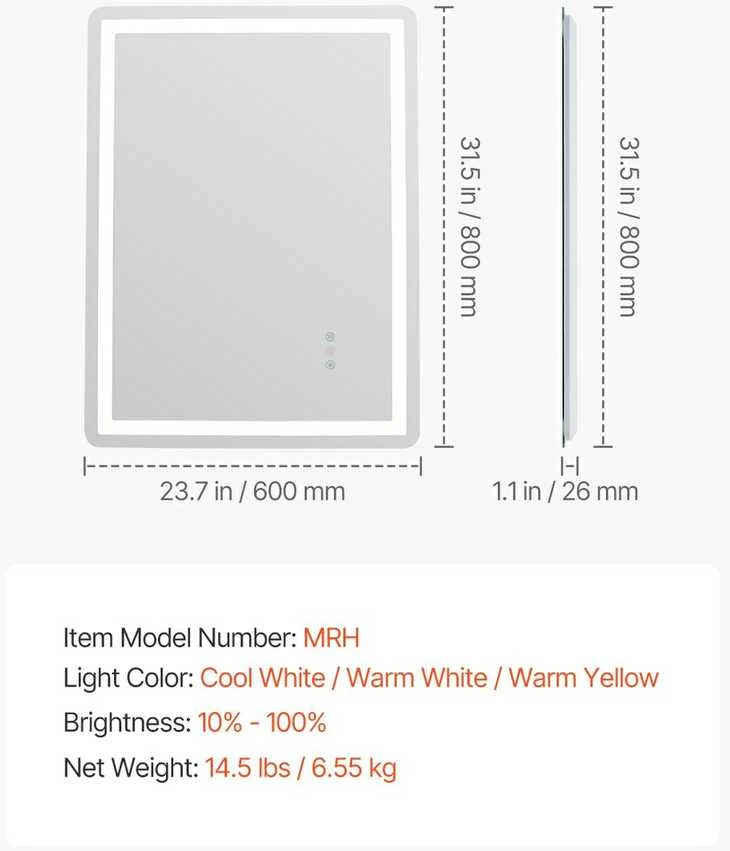 LED vonios veidrodis 60 x 80 cm, 3 spalvų apsauga nuo rasojimo, prie sienos tvirtinamas vonios veidrodis, pritemdomas vonios veidrodis