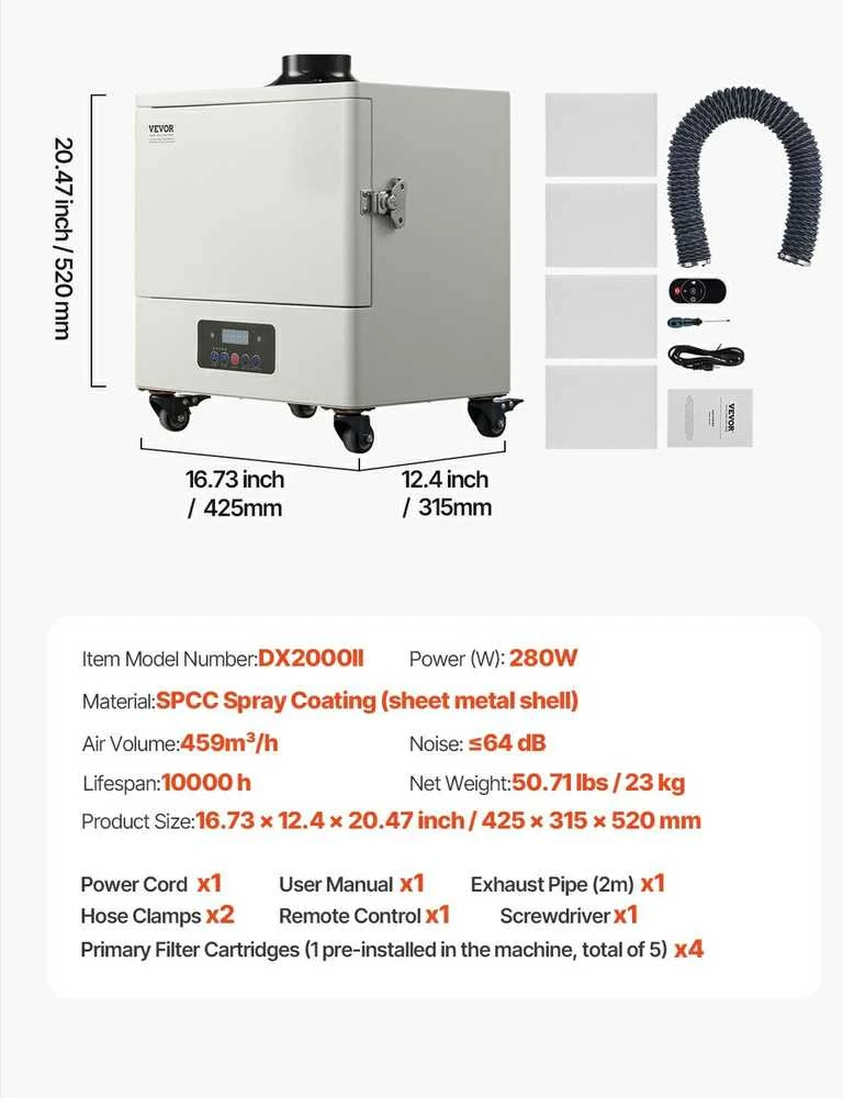 Litavimo dūmų ištraukėjas, 280W, 459 m³/h, 10 greičių, nešiojamas, litavimui, graviravimui, poliravimui, dūmų surinkėjas, dulkių siurbly