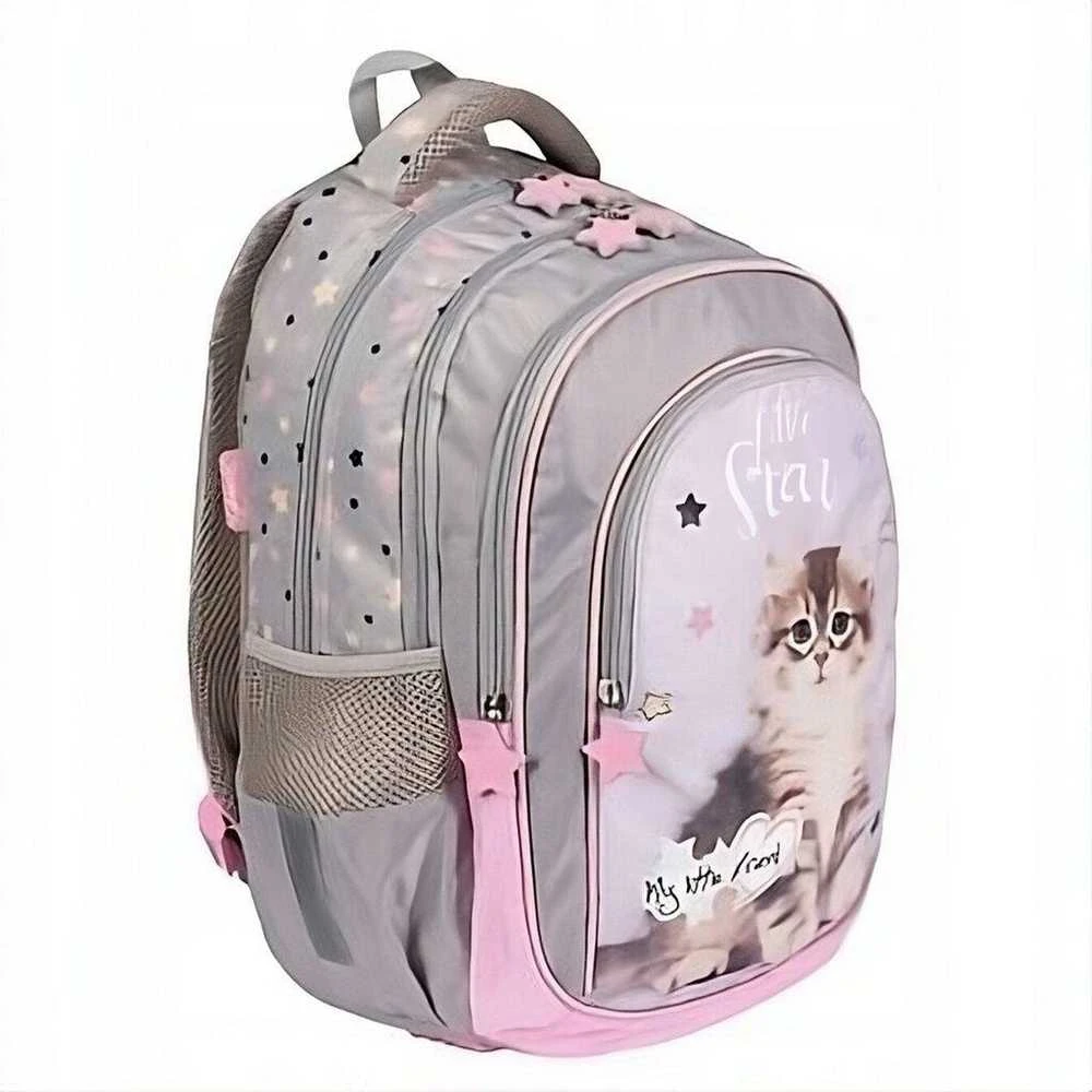 Little Star Mokyklinė kuprinė su kačiukais, 40 cm, pilka/rožinė