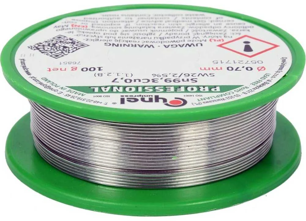 Lituoklio alavas su fluxu 0.7mm, bešvinis, 100g ritė litavimui