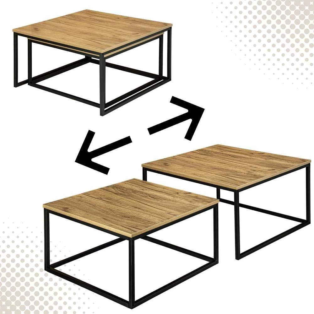 Lizdiniai kavos staliukai 2in1, industrinio stiliaus, juodi, komplektas 2vnt., lofto stiliaus, šoniniai staliukai, prie sofos