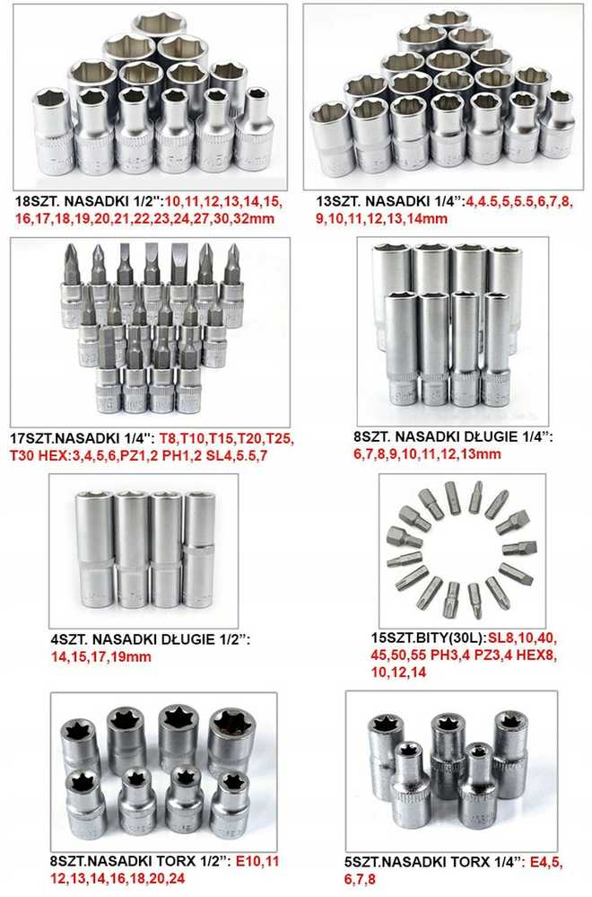 Lizdų rinkinys, 108 dalių mechanikų įrankių rinkinys, 1/4" ir 1/2" dydžio lizdų raktų rinkinys, Torx antgalių rinkinys, automobilių remonto įrankių rinkinys
