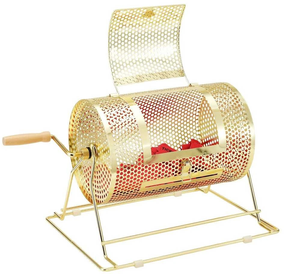 Loterijos būgnas renginiams, žalvariu dengtas besisukantis narvas, talpina 2500 bilietų, metalinis loterijos būgnas, bingo būgnas