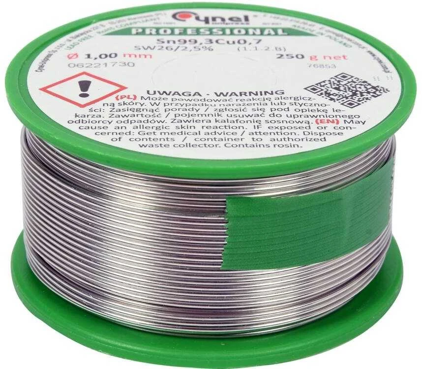 Lydmetalio viela be švino su srautu, 1,0 mm, 250 g, Sn99.3Cu0.7, elektronikos lydmetalis, minkšto litavimo viela