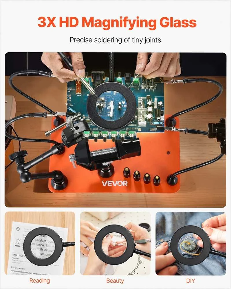 Magnetinė litavimo stotelė su pagalbinėmis rankomis elektronikos remontui, 4 svirčių trečiosios rankos įrankis su 3X LED didinamąja lempa, spaustuvu ir PCB laikikliais, reguliuojamas litavimo laikiklis