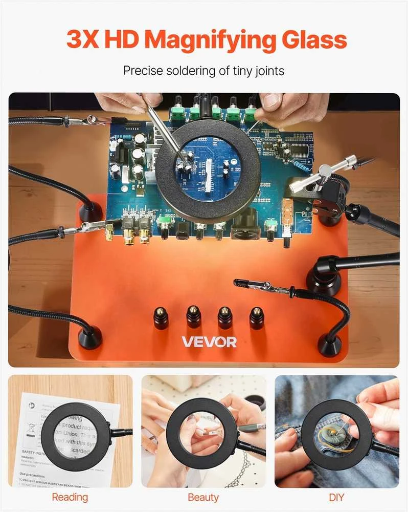 Magnetinė litavimo stotelė su pagalbinėmis rankomis elektronikos remontui, 3X LED didinamoji lempa, 4 PCB laikikliai, 360 karšto oro pistoleto laikiklis, sunkaus plieno pagrindas, trečioji ranka litavimui