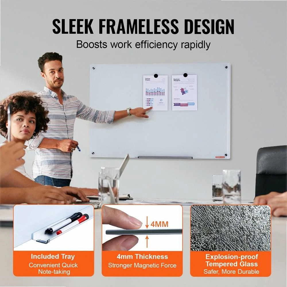 Magnetinė stiklinė lenta, sauso valymo lenta 900 x 600 mm, berėmė sieninė stiklo lenta su padėklu ir žymekliais, stiklinė rašymo lenta biurui ir klasei, magnetinė balta lenta