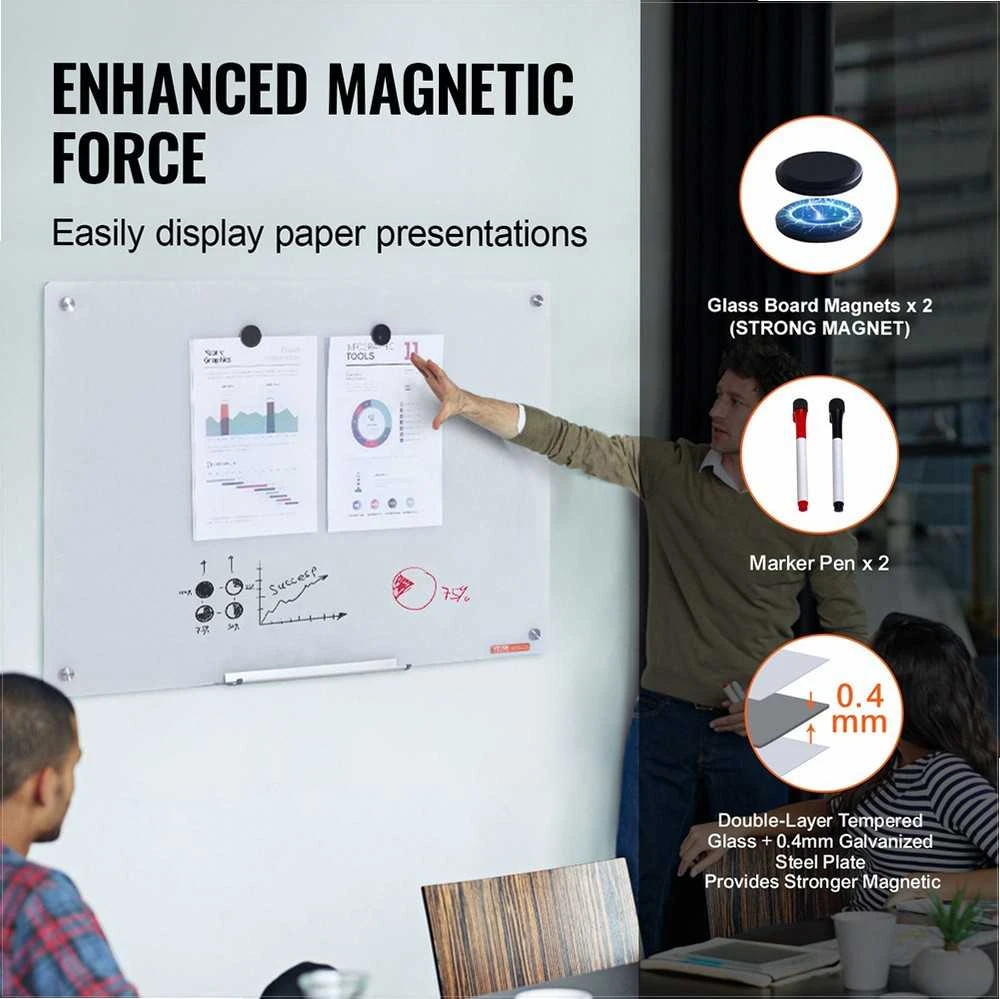 Magnetinė stiklinė lenta, sauso valymo lenta 900 x 600 mm, berėmė sieninė stiklo lenta su padėklu ir žymekliais, stiklinė rašymo lenta biurui ir klasei, magnetinė balta lenta
