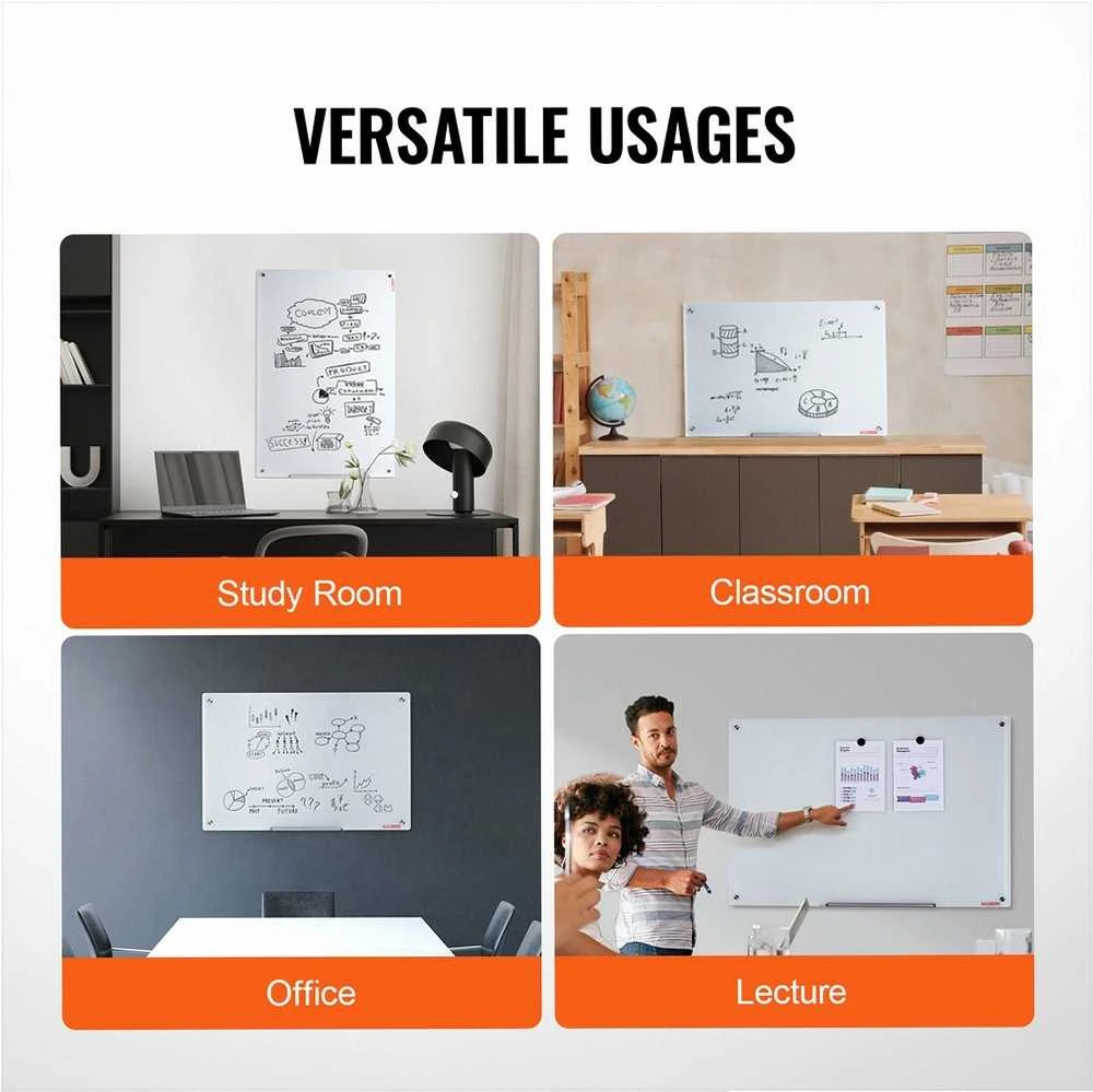 Magnetinė stiklinė lenta, sauso valymo lenta 900 x 600 mm, berėmė sieninė stiklo lenta su padėklu ir žymekliais, stiklinė rašymo lenta biurui ir klasei, magnetinė balta lenta