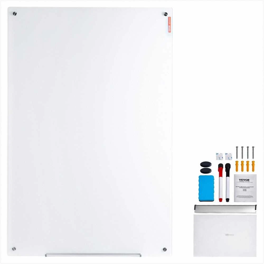 Magnetinė stiklinė lenta, sauso valymo lenta 900 x 600 mm, berėmė sieninė stiklo lenta su padėklu ir žymekliais, stiklinė rašymo lenta biurui ir klasei, magnetinė balta lenta