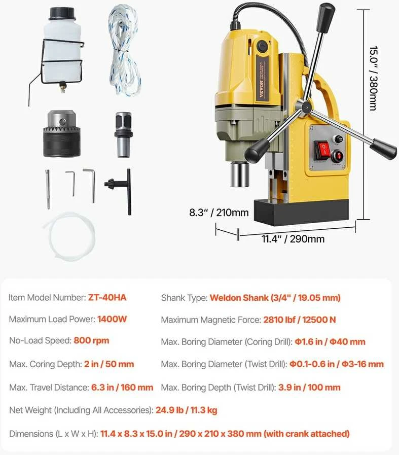 Magnetinis gręžimo presas, 1400W, 12500 N, 40 mm gręžimo skersmuo, 800 aps./min magnetinis gręžtuvas