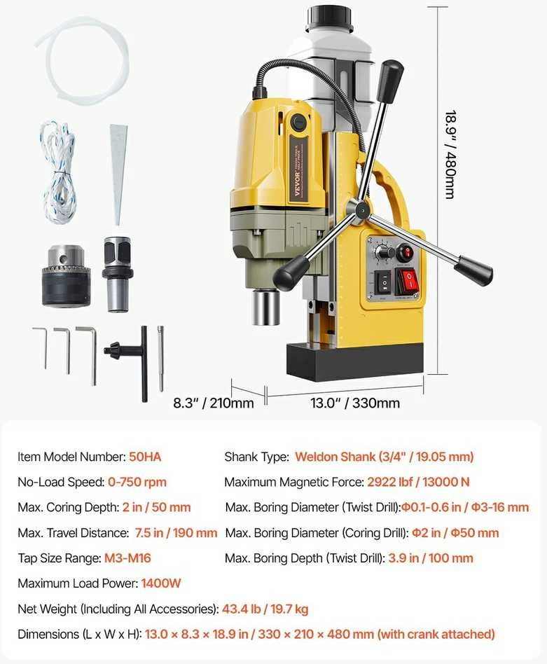 Magnetinis gręžimo staklės 1400W metalo apdirbimui, 50 mm gręžimo skersmuo, kintamas greitis 0-750 RPM, magnetinė gręžimo mašina, mag gręžimo staklės su sraigtinio grąžto griebtuvu