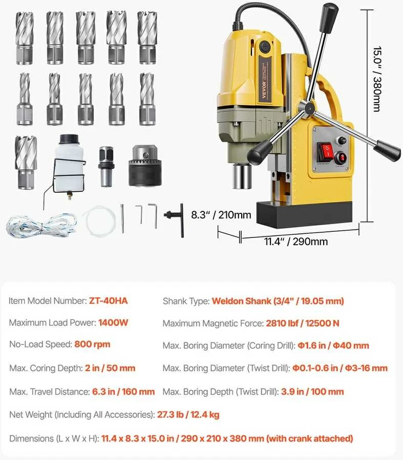 Magnetinis gręžimo staklės 1400W metalo gręžimui, su 11 žiedinių pjoviklių, tikslia gylio kontrole, 40 mm gręžimo talpa, mag gręžtuvas 1400W, magnetinis šerdies gręžimo įrenginys
