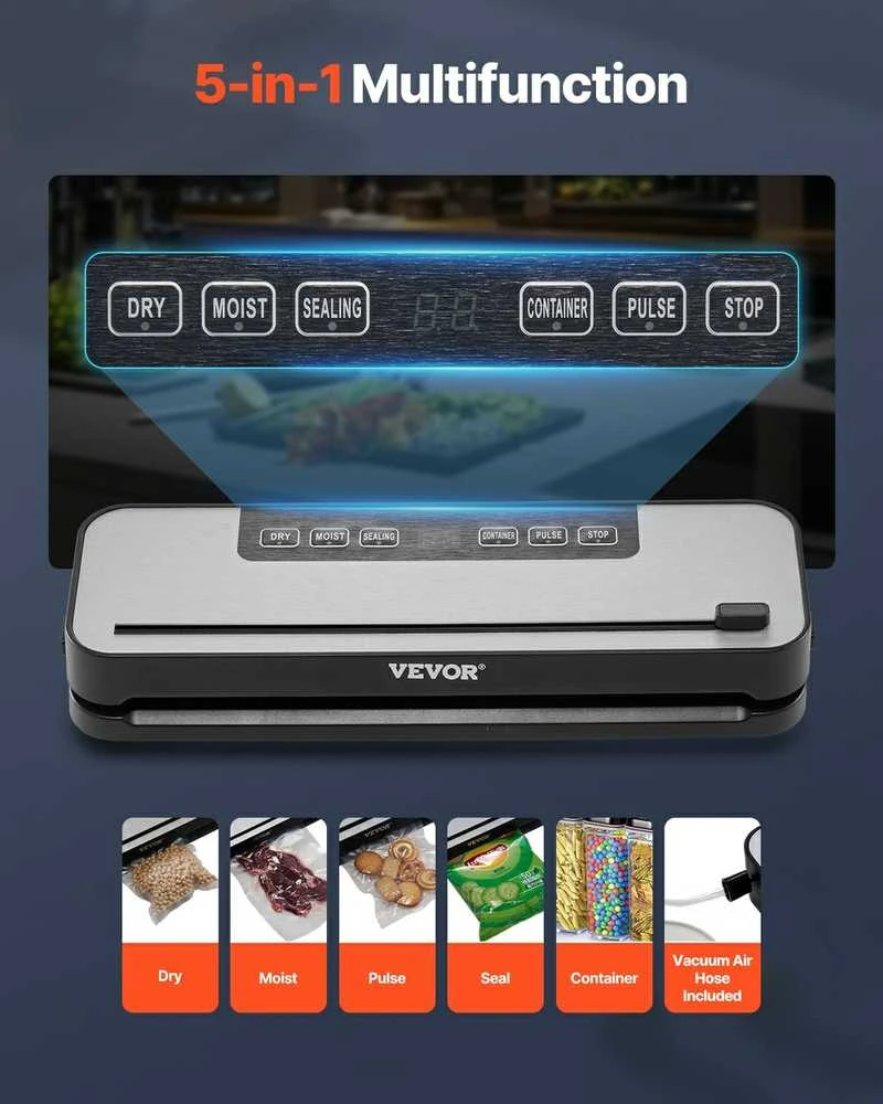 Maisto vakuuminis sandariklis 5 viename, kompaktiškas automatinis maisto taupytuvas, 100 W virtuvės vakuuminis sandariklis
