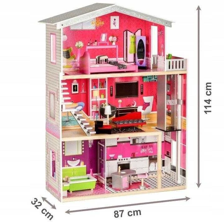 Malibu Dollhouse 3 aukštų medinis lėlių namelis su baldais ir liftu, 114cm