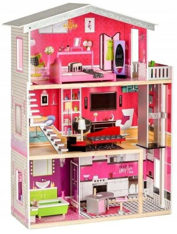 Malibu Dollhouse 3 aukštų medinis lėlių namelis su baldais ir liftu, 114cm