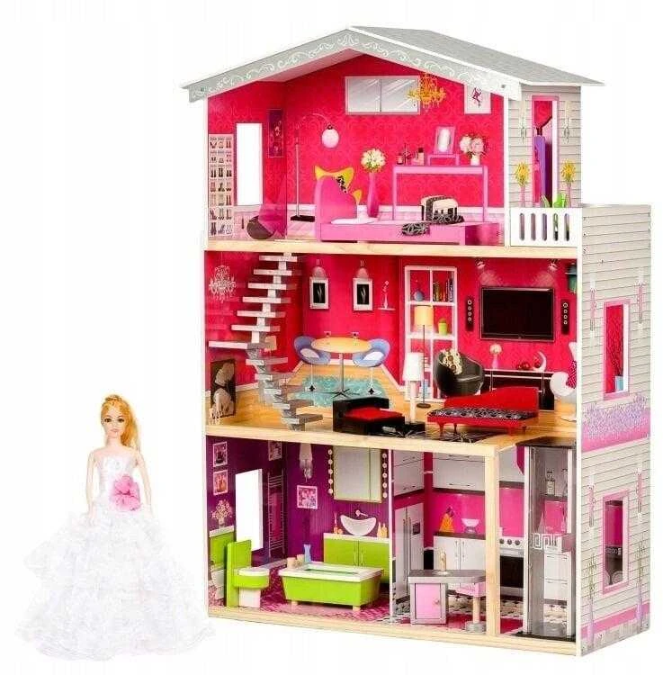 Malibu Dollhouse 3 aukštų medinis lėlių namelis su baldais ir liftu, 114cm