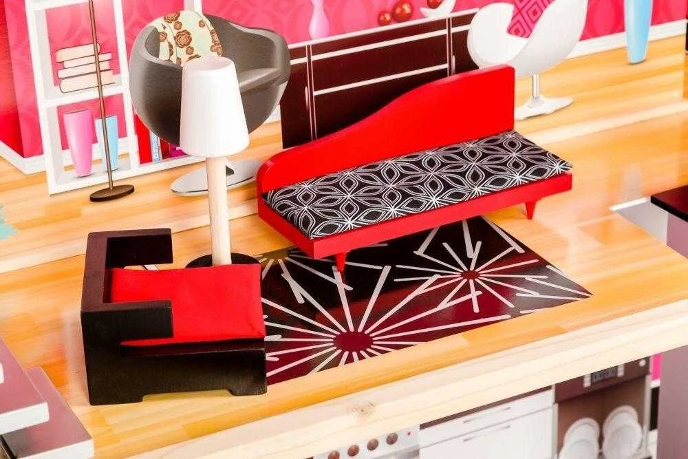 Malibu Dollhouse 3 aukštų medinis lėlių namelis su baldais ir liftu, 114cm