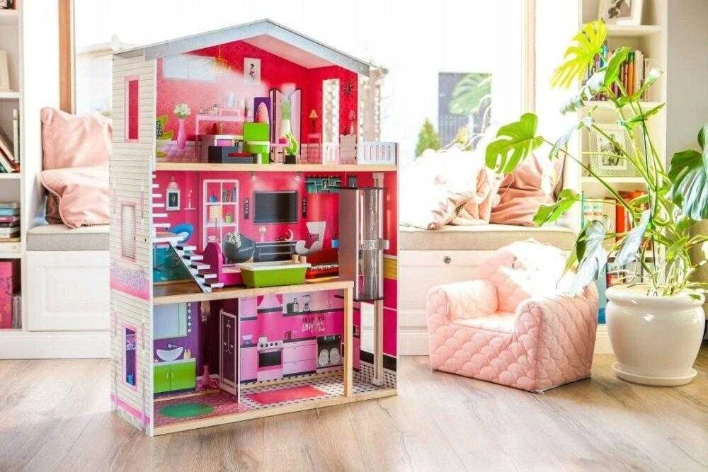 Malibu Dollhouse 3 aukštų medinis lėlių namelis su baldais ir liftu, 114cm