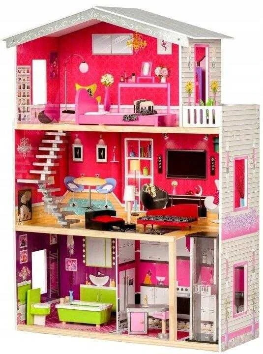 Malibu Dollhouse 3 aukštų medinis lėlių namelis su baldais ir liftu, 114cm